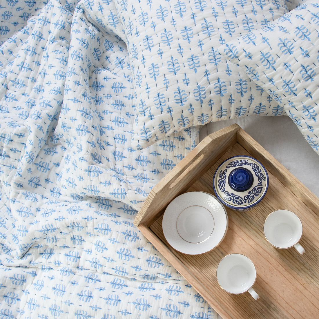 Teal Blue Buti Hand Stitched Block Printed Indian Cotton Kantha Quilts