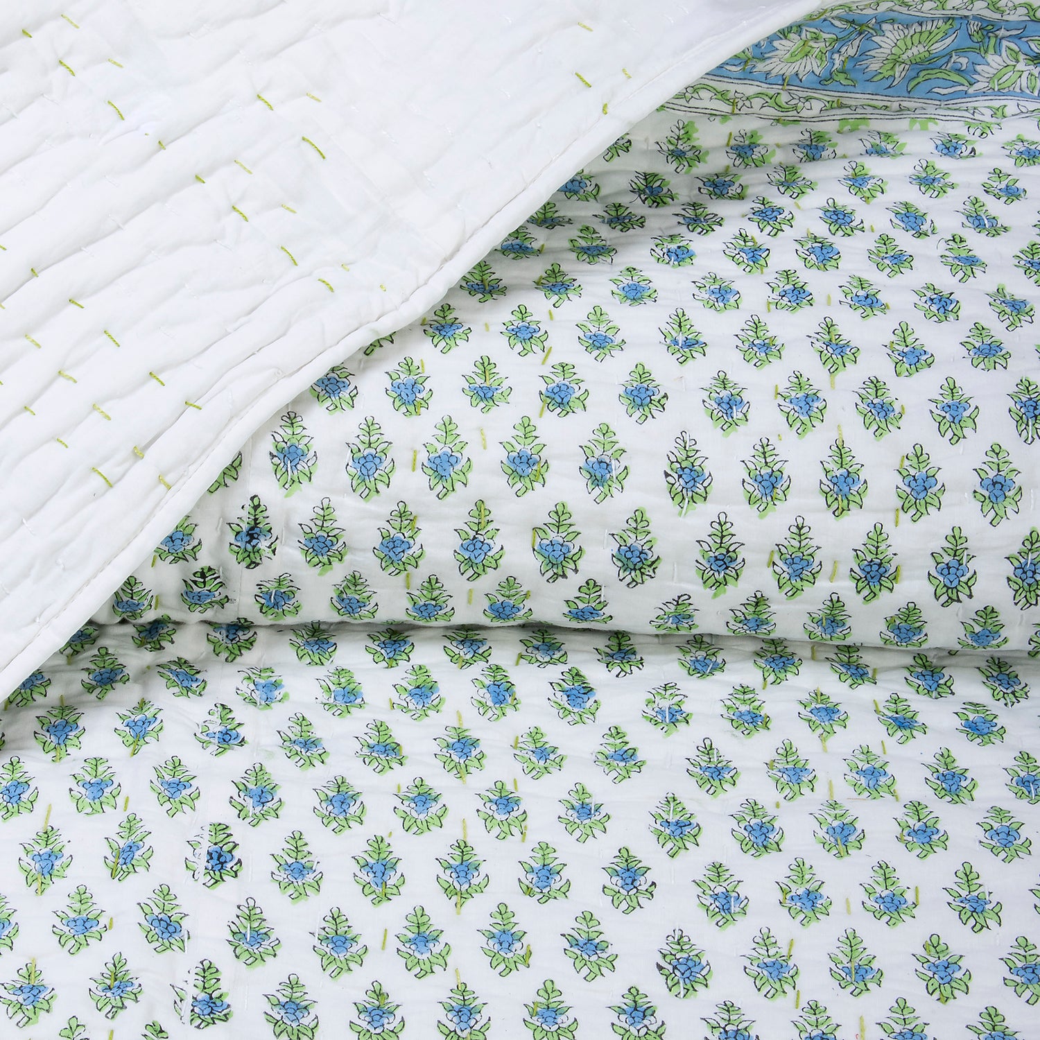 Green Floral Printed Kantha Double Quilt