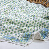 Green Floral Printed Kantha Double Quilt