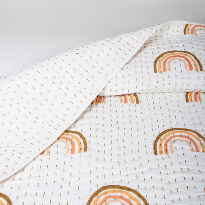 Indian Rainbow Hand Block Printed Cotton Kantha Quilt