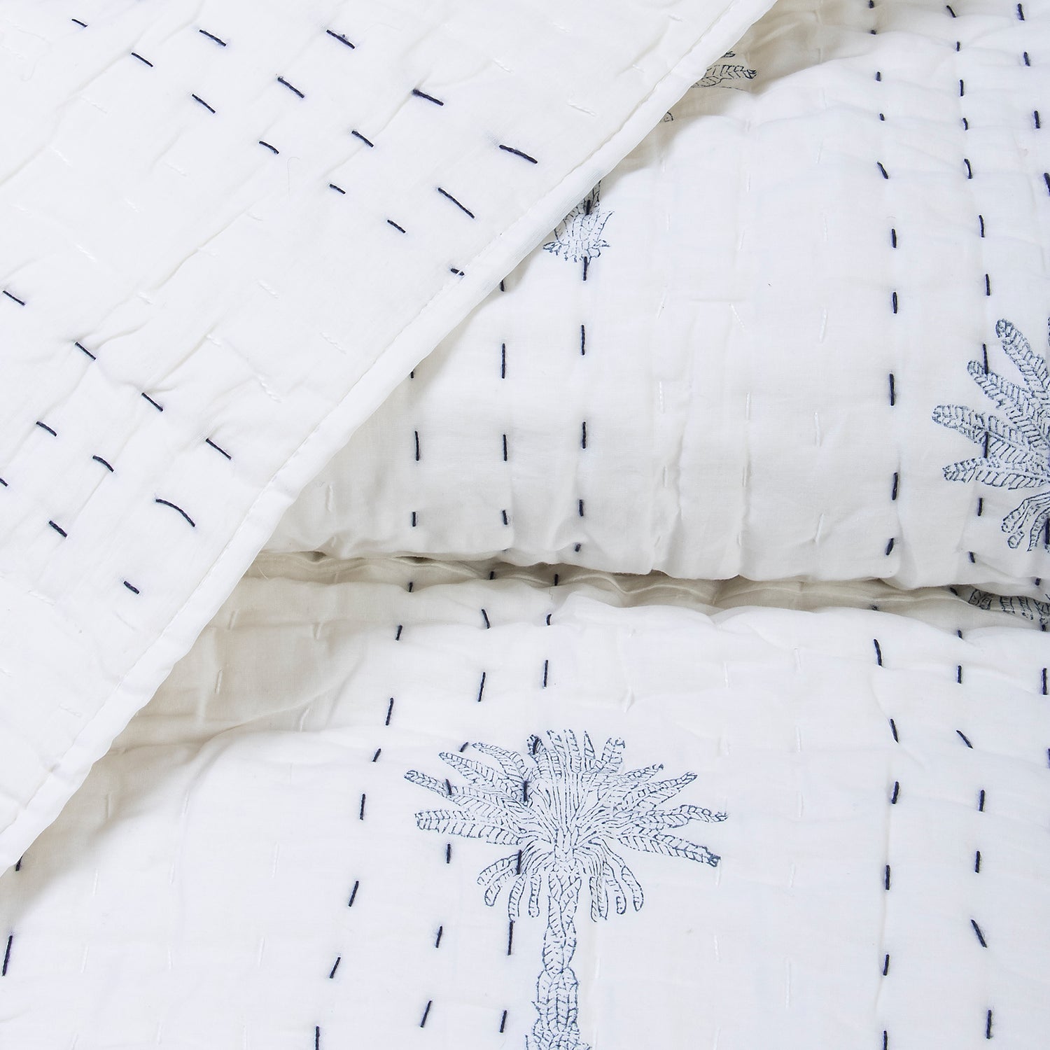 Blue Palm Print Cotton Razai and Kantha Quilts