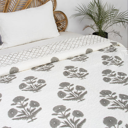 Grey Floral Printed Pure Cotton Blanket