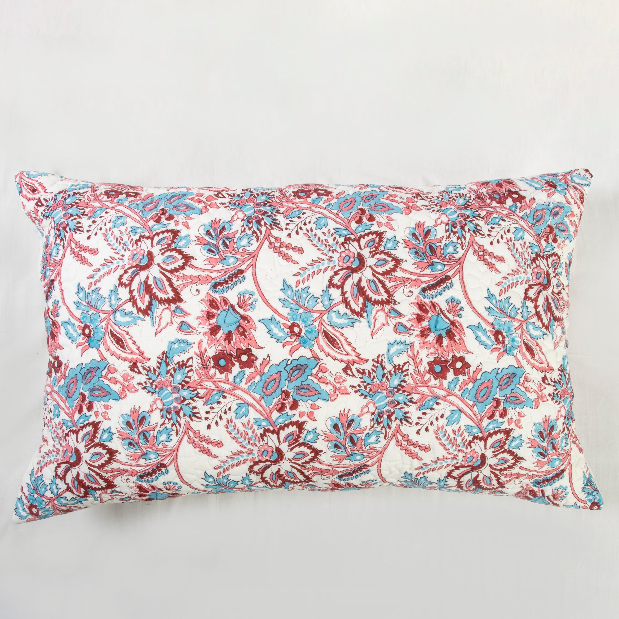 Red Floral Indian Hand Block Printed Machine Quilts including Pillow Covers