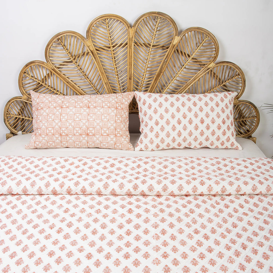 Decorative Orange Floral Indian Block Printed Cotton Machine Quilts