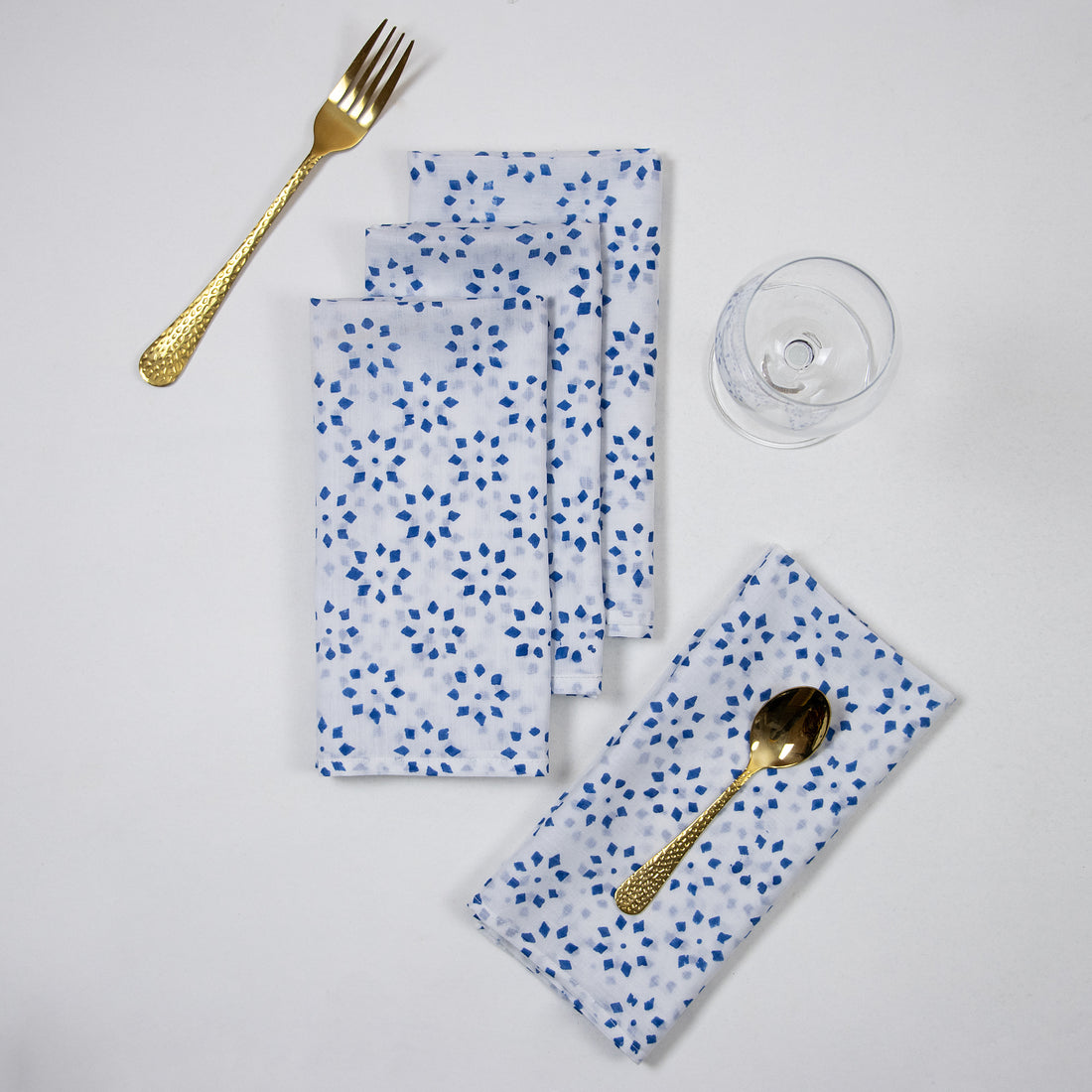 Blue Block Flower Print Cotton Cloth Napkins