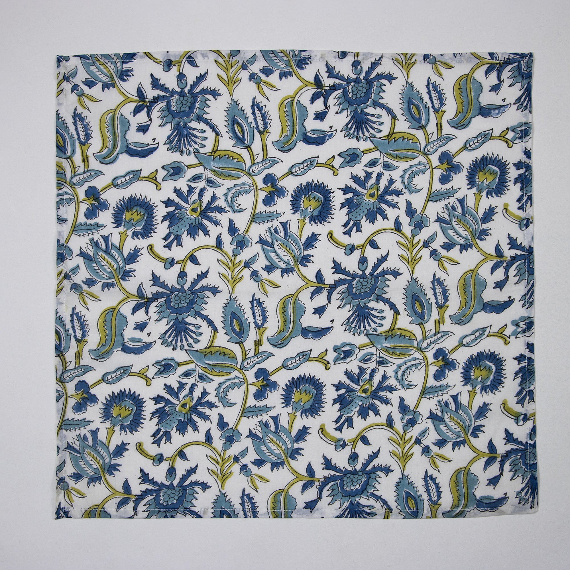 Blue Floral Block Printed Cotton Napkins