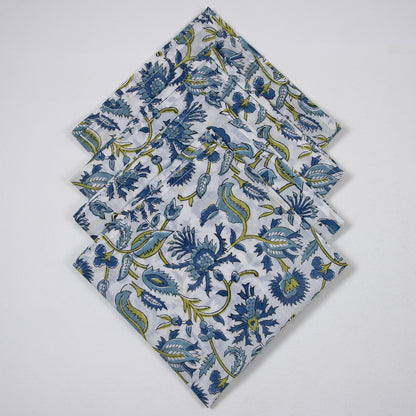 Blue Floral Block Printed Cotton Napkins