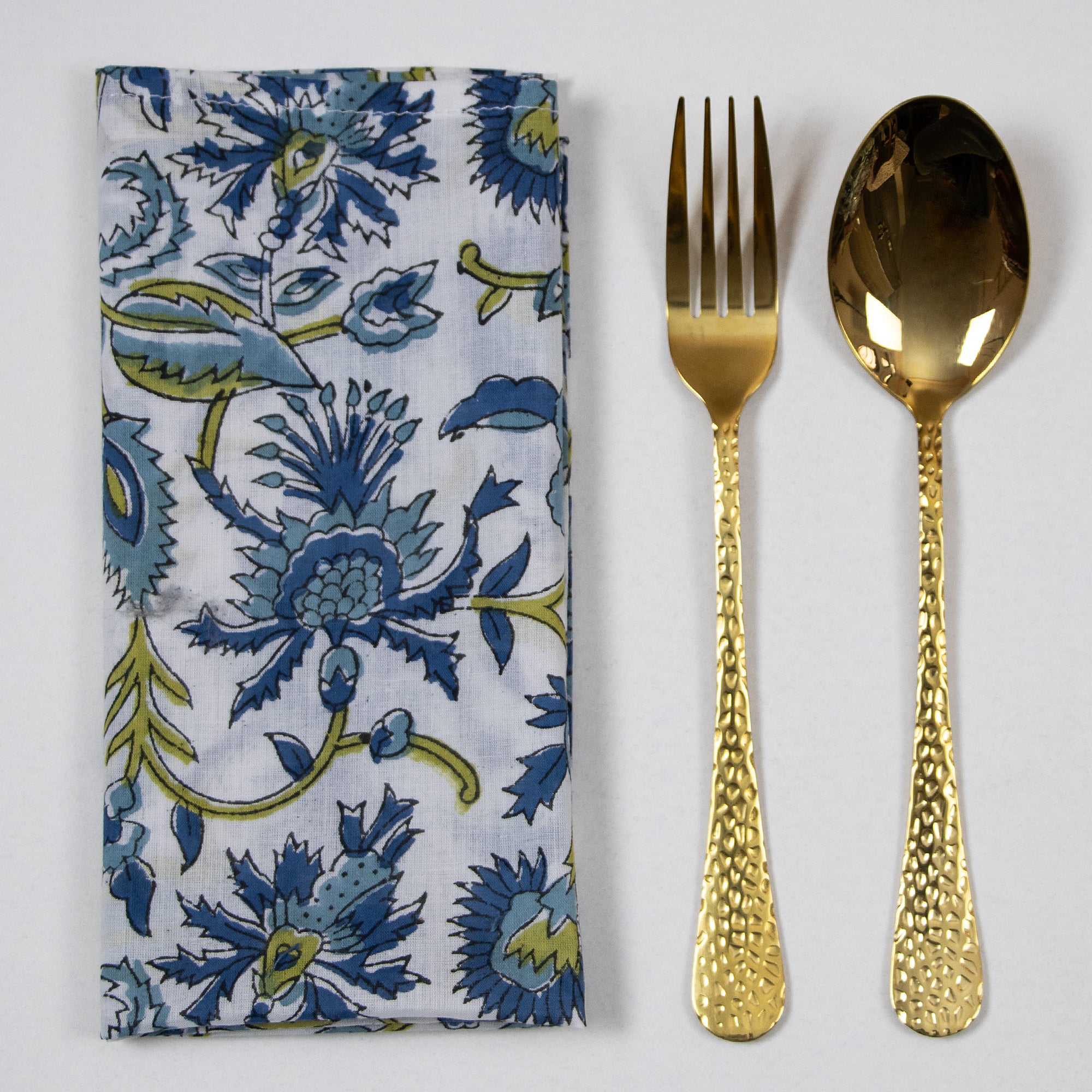 Blue Floral Block Printed Cotton Napkins