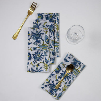 Blue Floral Block Printed Cotton Napkins