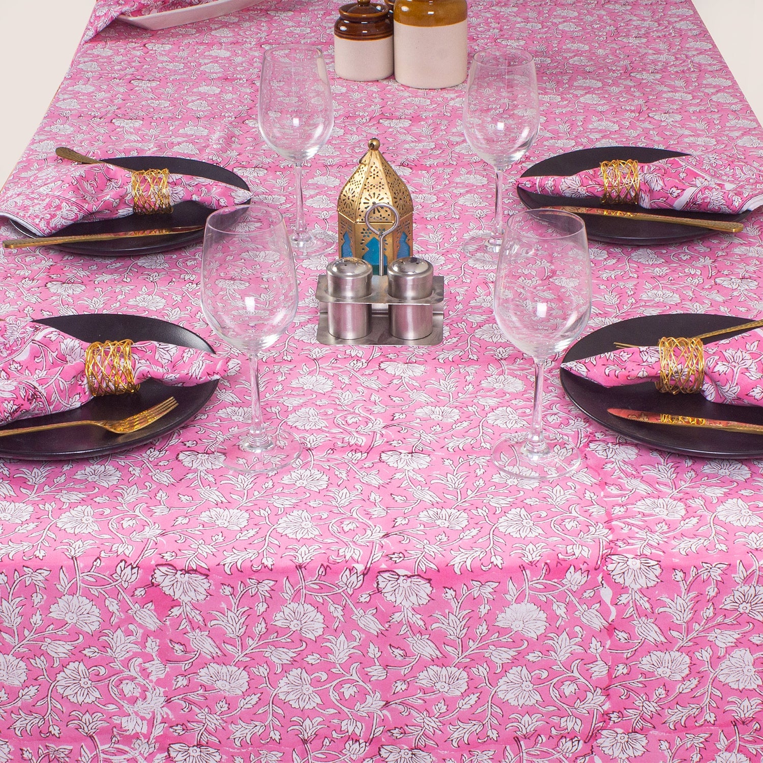 Pink Floral Print Cotton Table Cloth 6 Seater