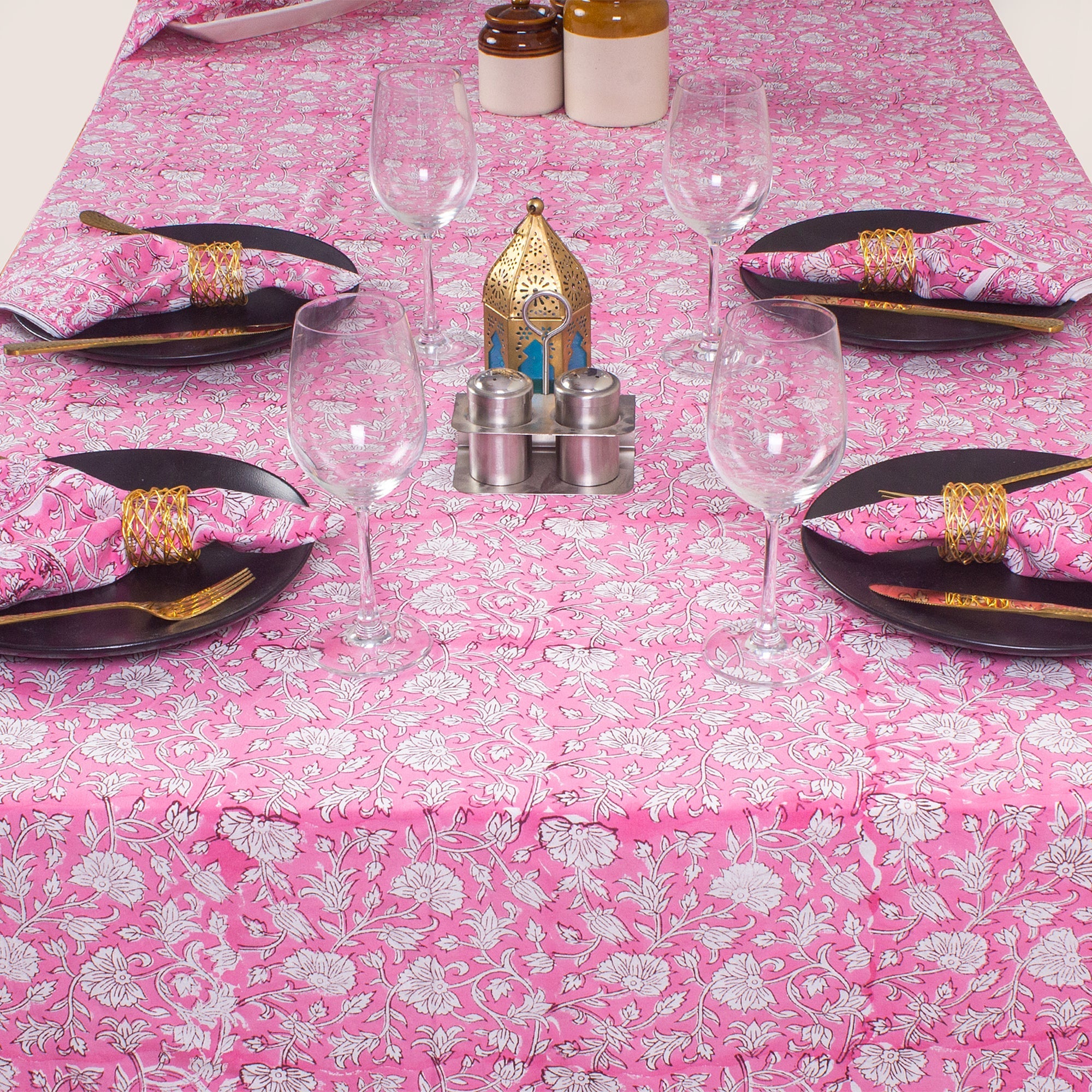 Pink Floral Print Cotton Table Cloth 6 Seater