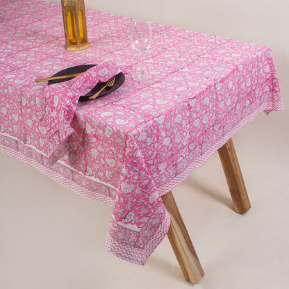 Pink Floral Print Cotton Table Cloth 6 Seater