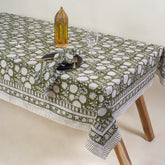 Green Floral Print Dining Table Cover 6 Seater Cotton