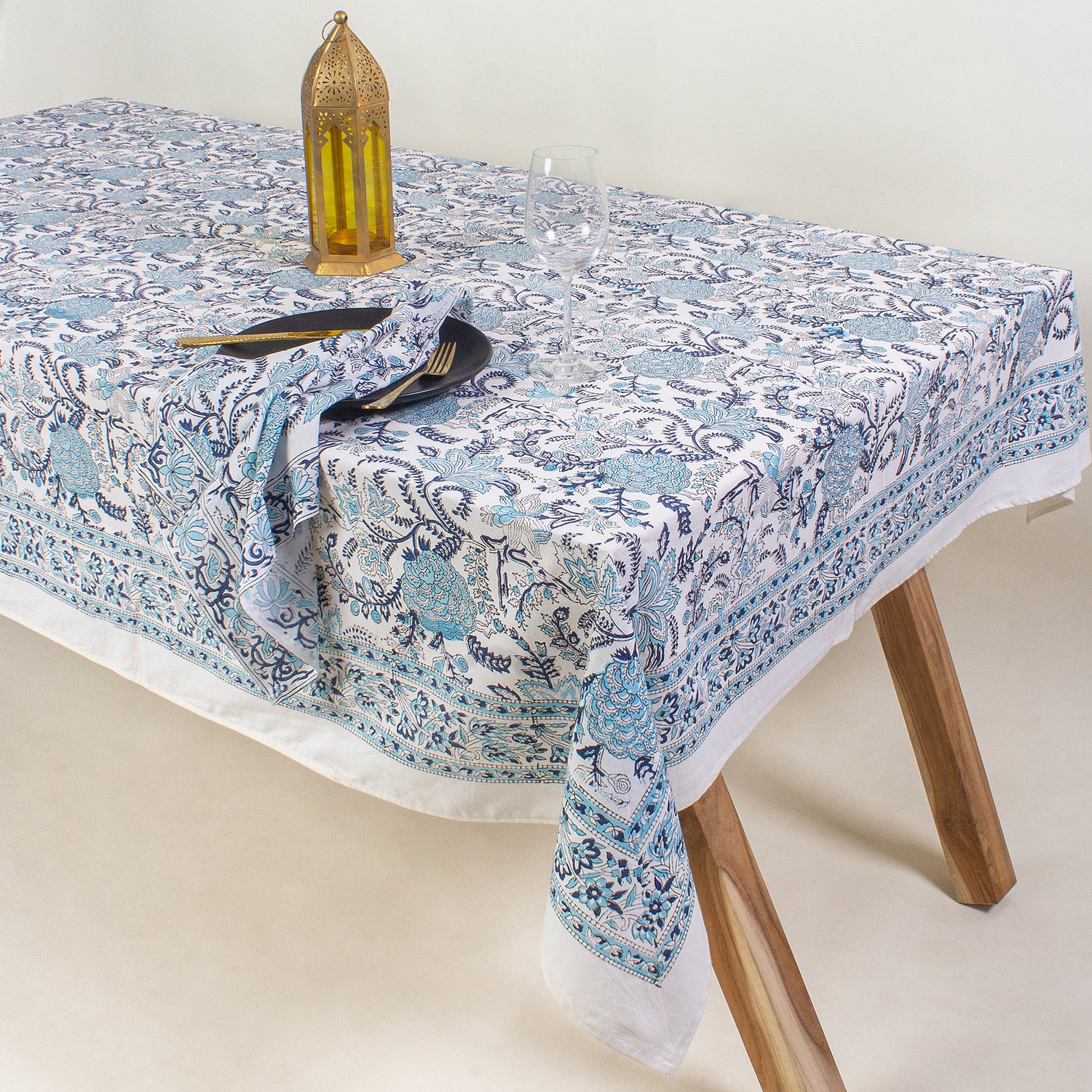 Sky Blue Hand Block Center Table Cover 6 Seater