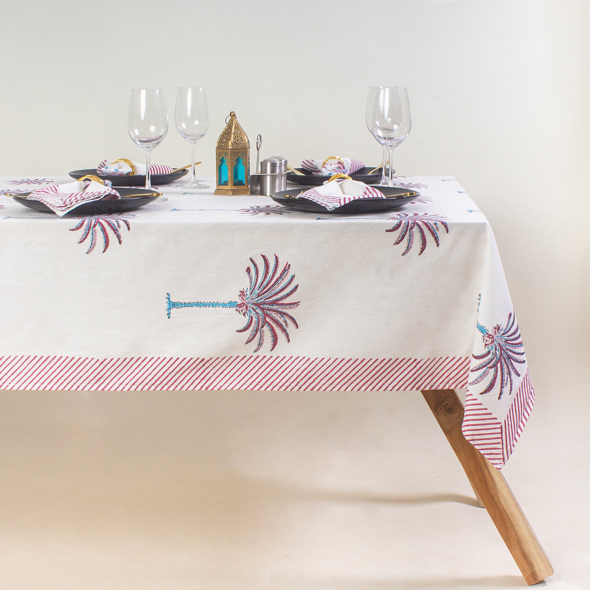 Palm Print Cotton Dining Table Cover 6 Seater