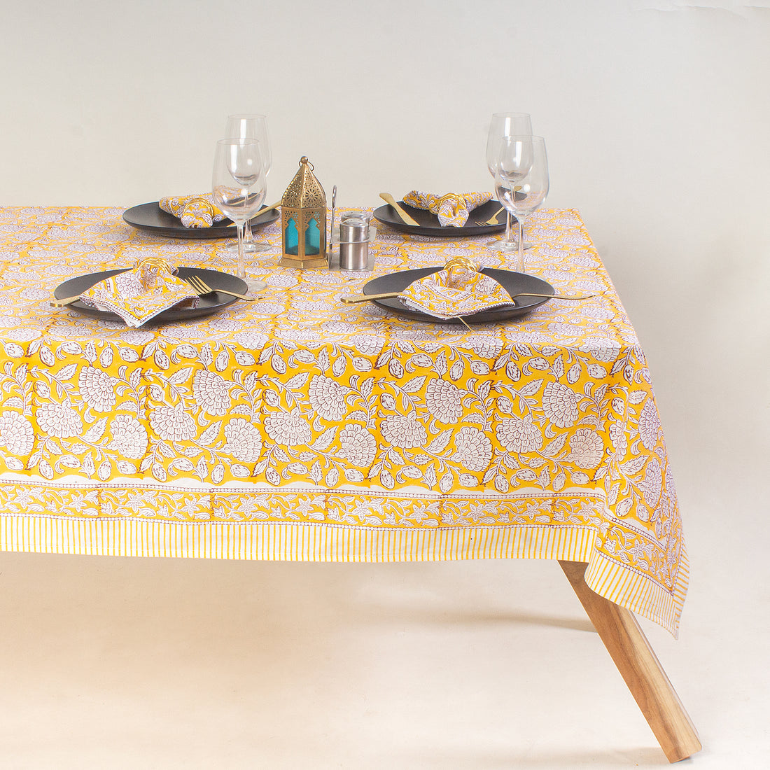 Gold Hand Block Floral Print Modern Dining Table Cover
