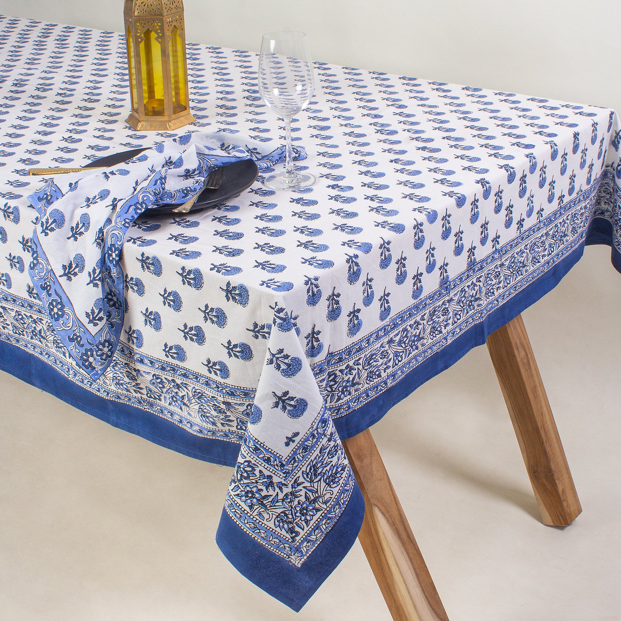 Sky Blue Hand Block Floral Print Table Cover Cloth
