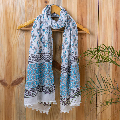 Sky Blue Floral Stylish Cotton Scarves for Women