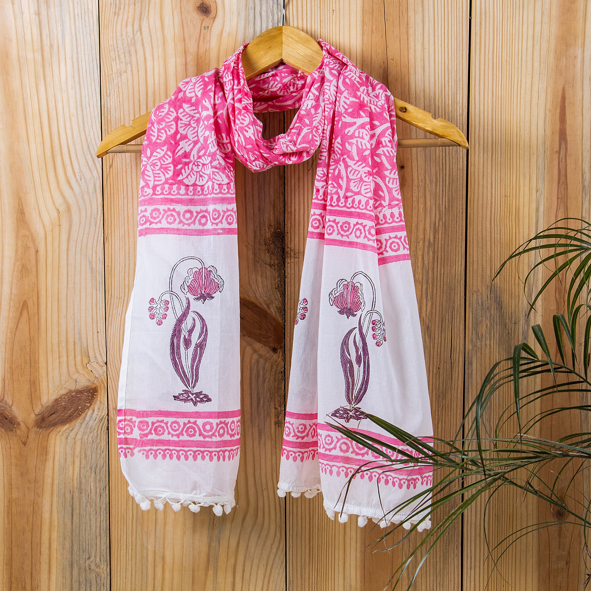 Pink Floral Print Hand Block Cotton Scarf Womens