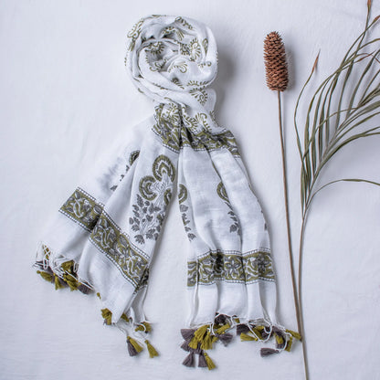 Olive Green Handmade Printed Stole Dupatta