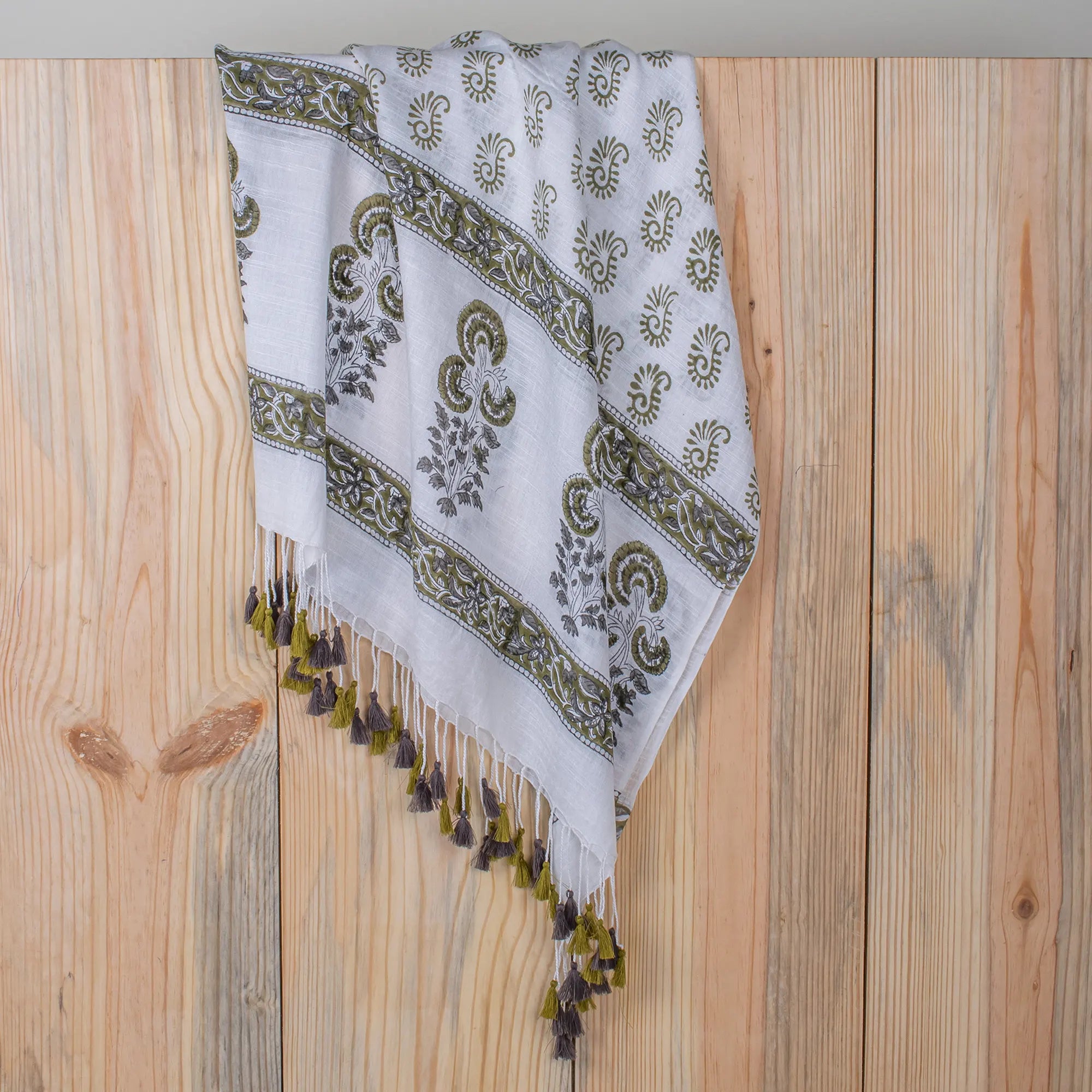 Olive Green Handmade Printed Stole Dupatta