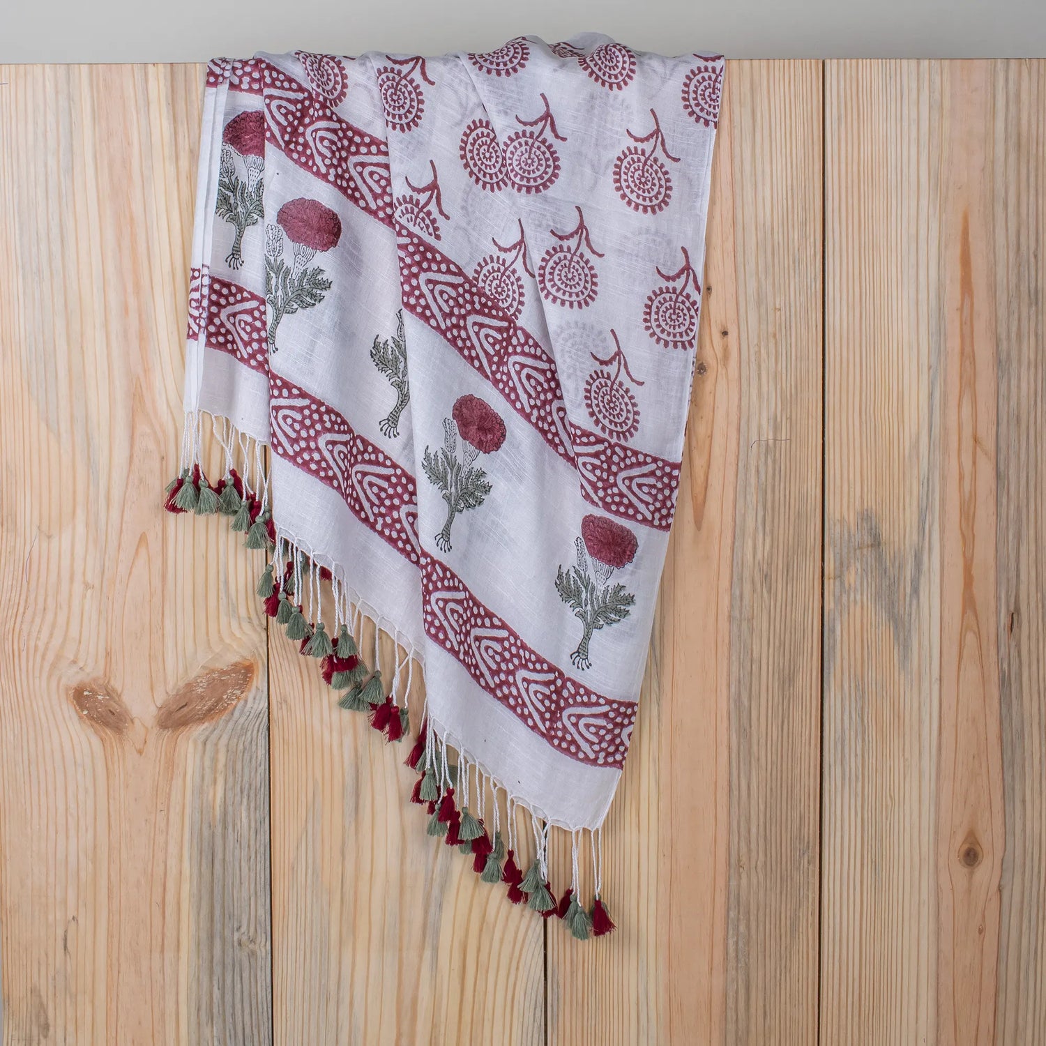 Red Flower Block Printed Stole Design Scarf