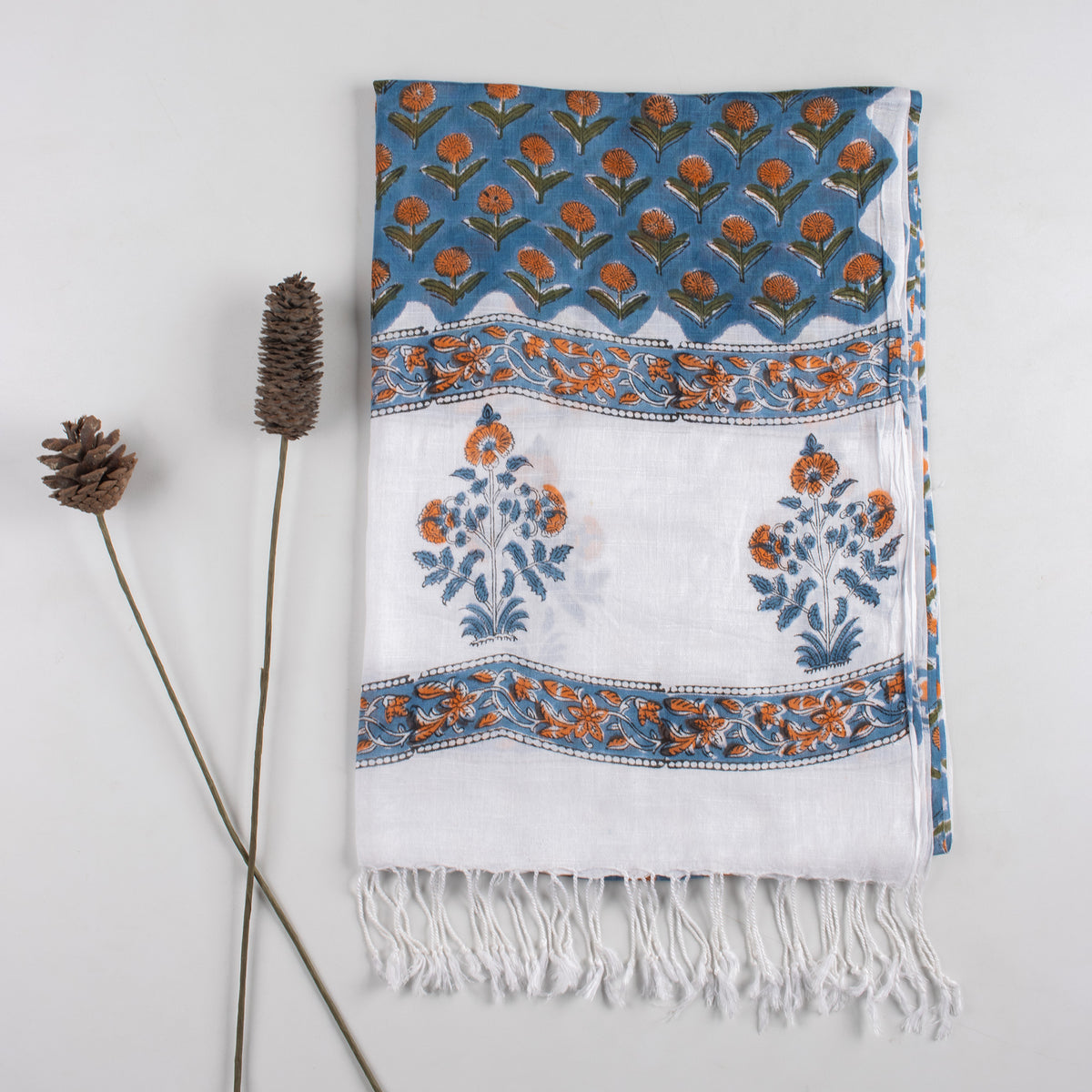Blue Handmade Floral Printed Breathable Linen Stole For Women