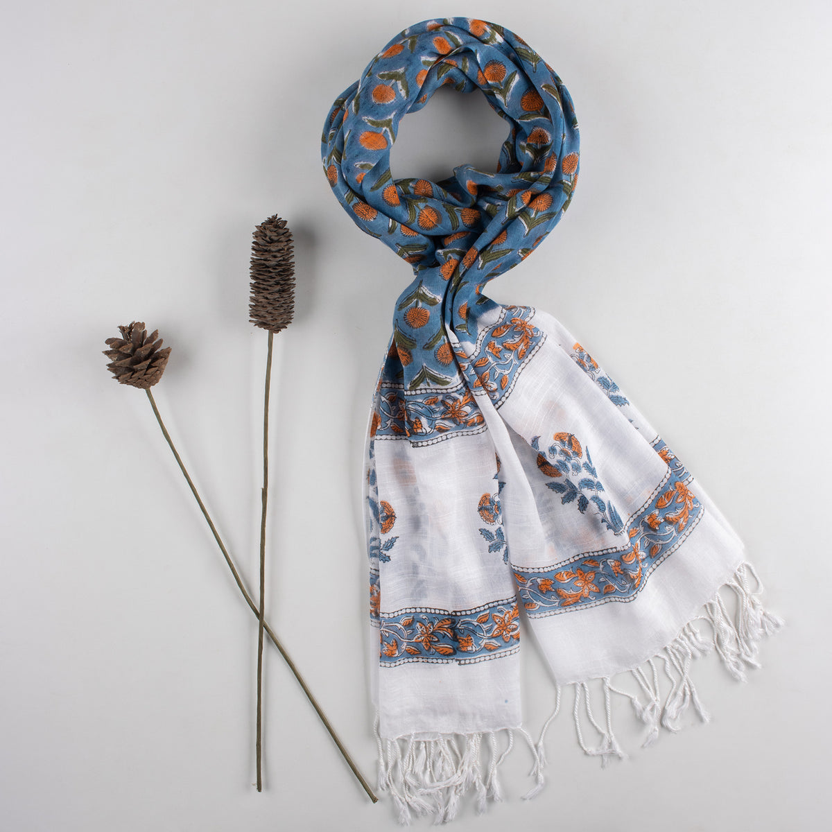 Blue Handmade Floral Printed Breathable Linen Stole For Women