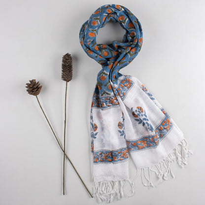 Blue Handmade Floral Printed Breathable Linen Stole For Women