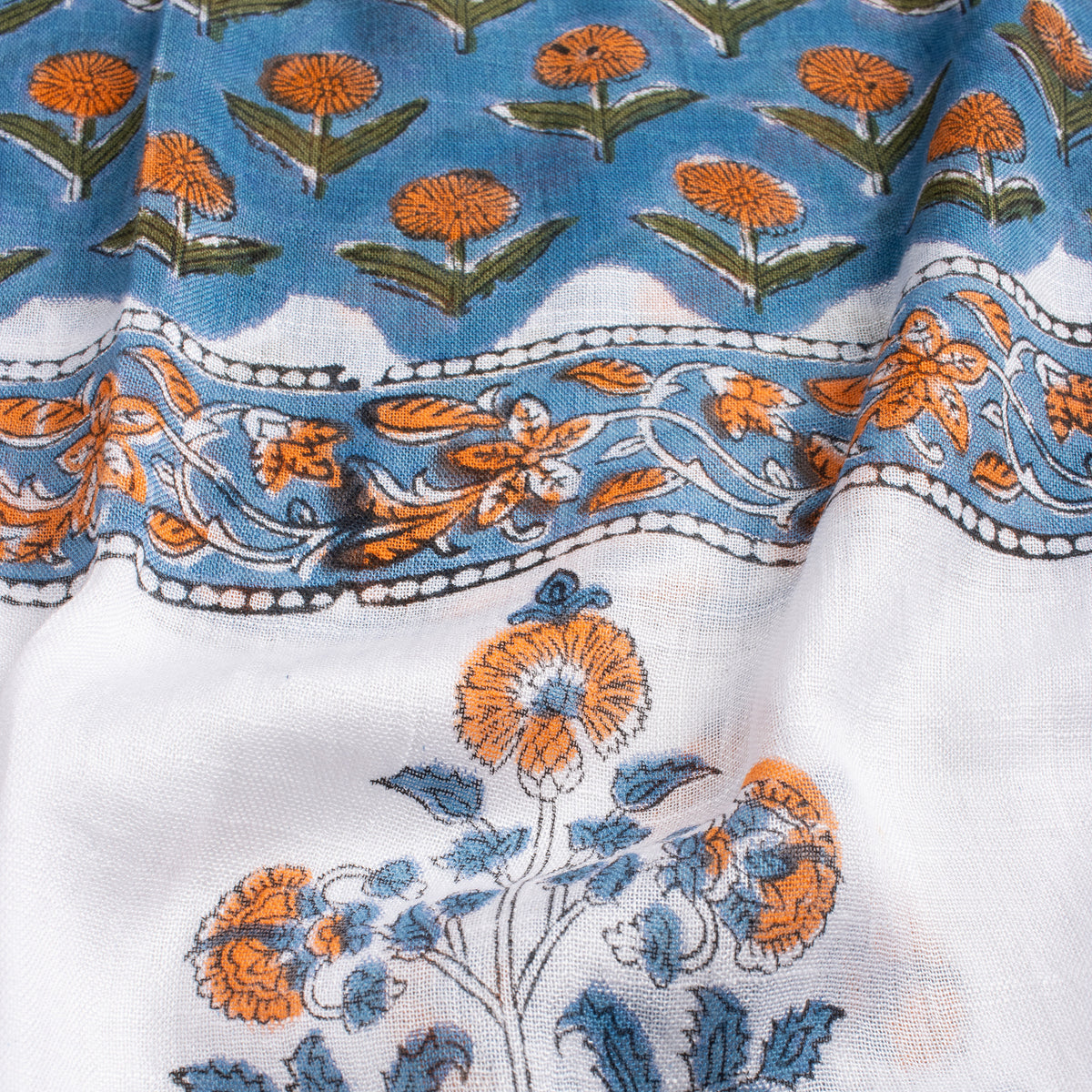 Blue Handmade Floral Printed Breathable Linen Stole For Women