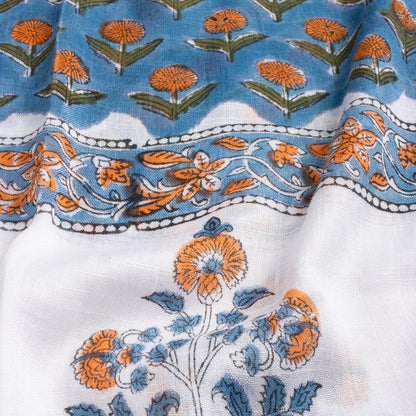 Blue Handmade Floral Printed Breathable Linen Stole For Women