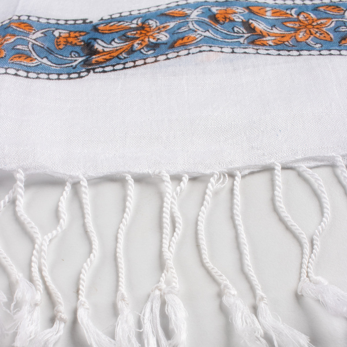 Blue Handmade Floral Printed Breathable Linen Stole For Women
