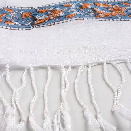 Blue Handmade Floral Printed Breathable Linen Stole For Women