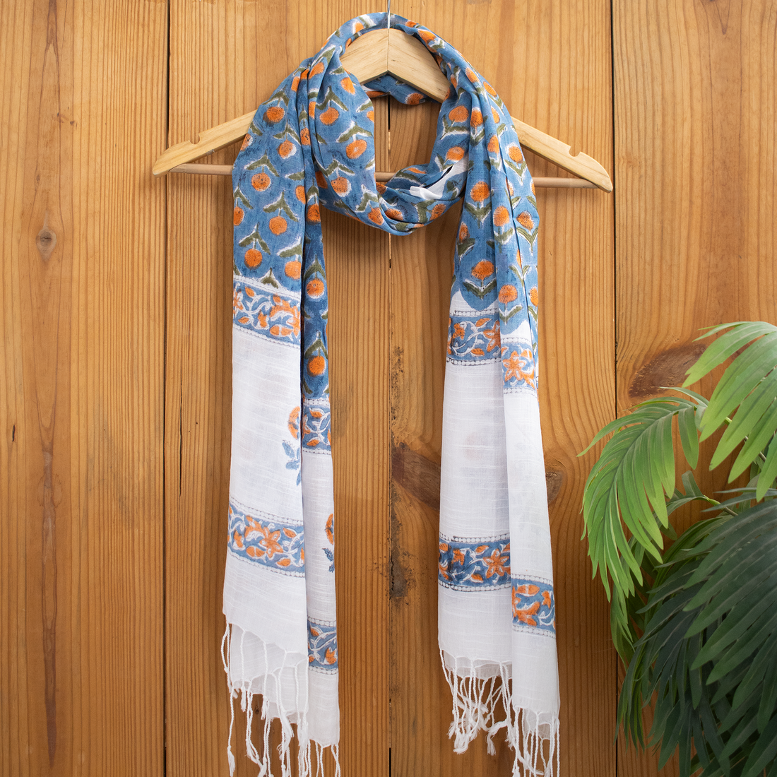 Blue Handmade Floral Printed Breathable Linen Stole For Women