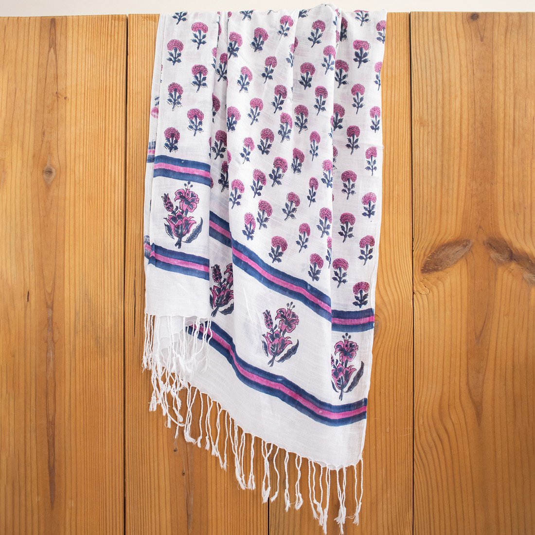 Floral Printed Linen Stole with Tassel Border for Ladies