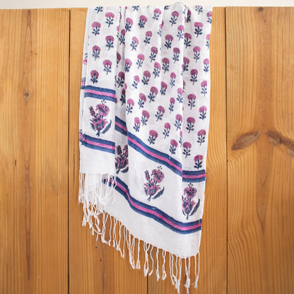Floral Printed Linen Stole with Tassel Border for Ladies