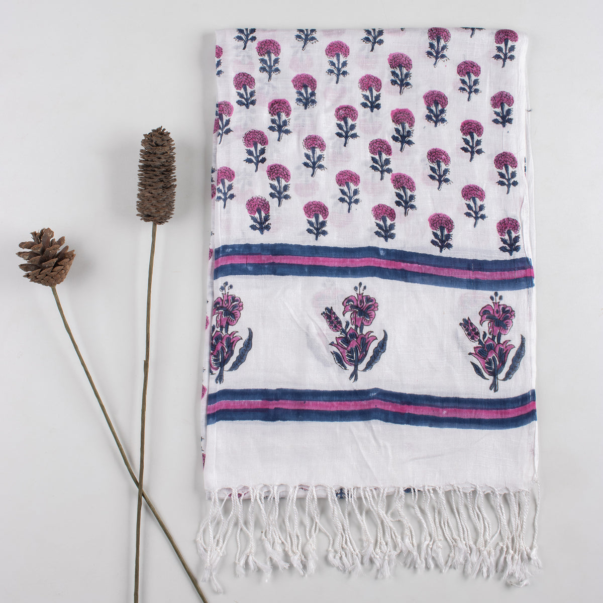 Floral Printed Linen Stole with Tassel Border for Ladies