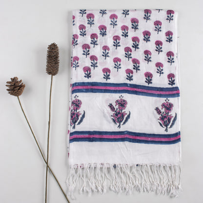 Floral Printed Linen Stole with Tassel Border for Ladies