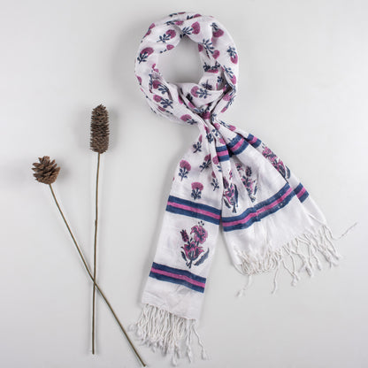 Floral Printed Linen Stole with Tassel Border for Ladies