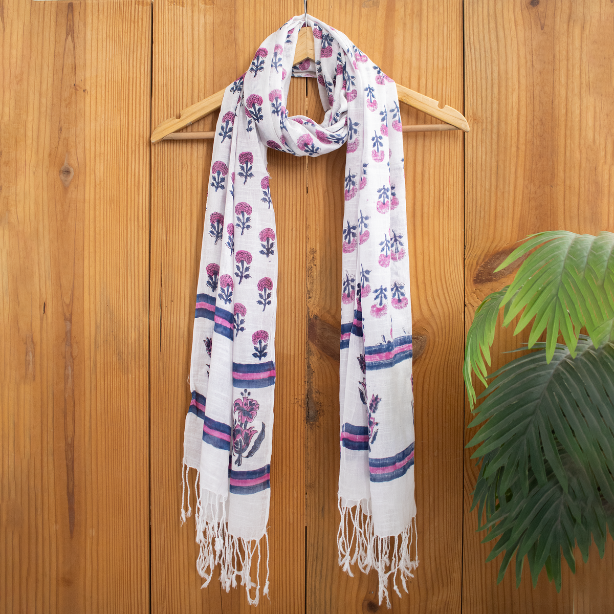 Floral Printed Linen Stole with Tassel Border for Ladies
