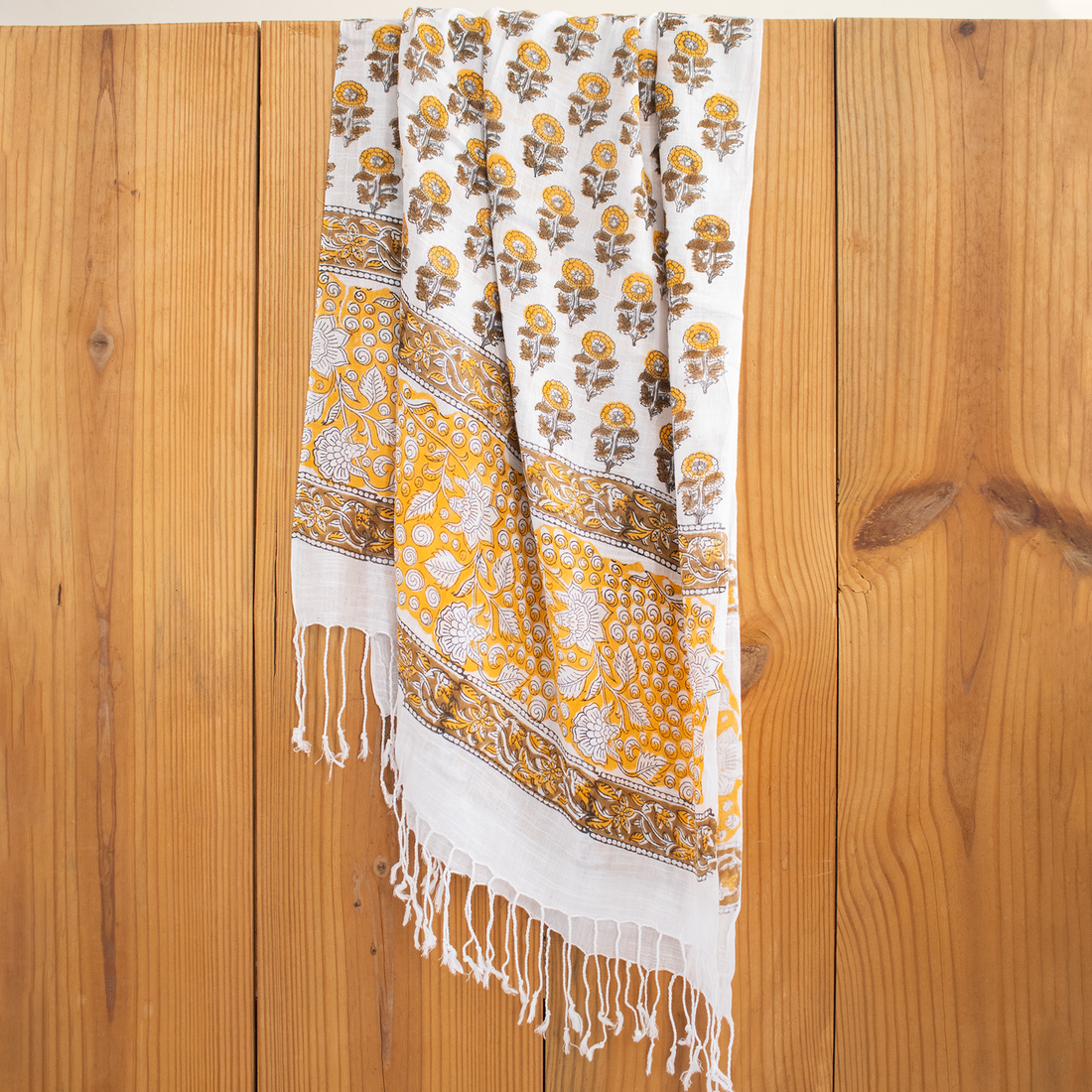 Yellow Floral Hand Block Printed Travel Linen Stole For Women