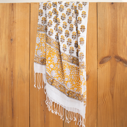 Yellow Floral Hand Block Printed Travel Linen Stole For Women