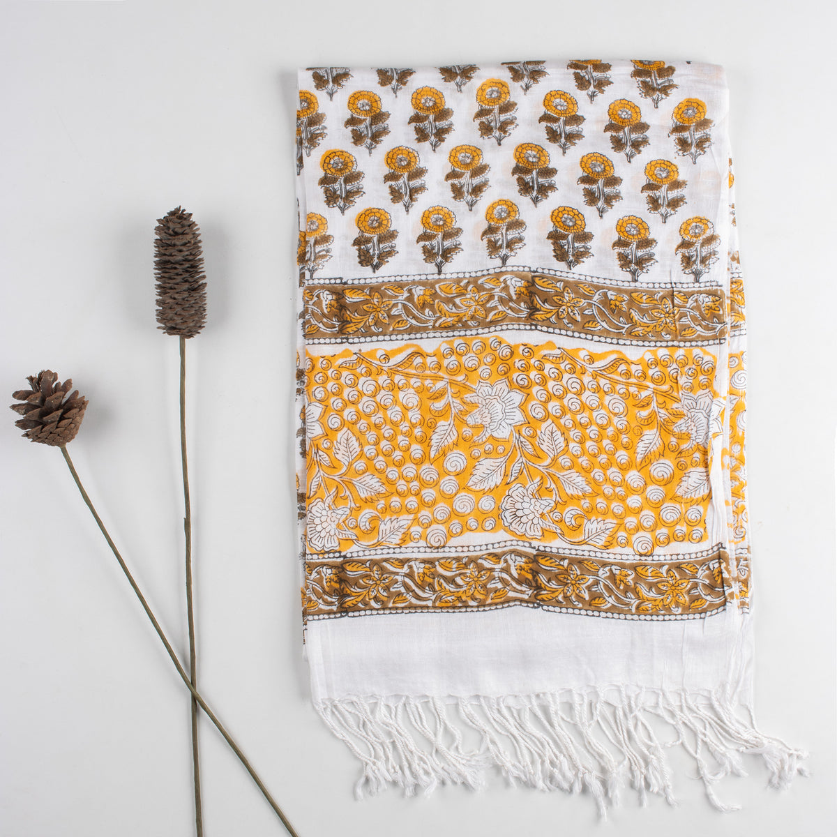 Yellow Floral Hand Block Printed Travel Linen Stole For Women