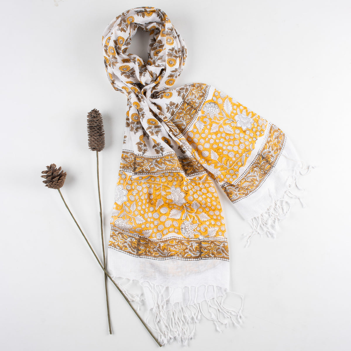 Yellow Floral Hand Block Printed Travel Linen Stole For Women