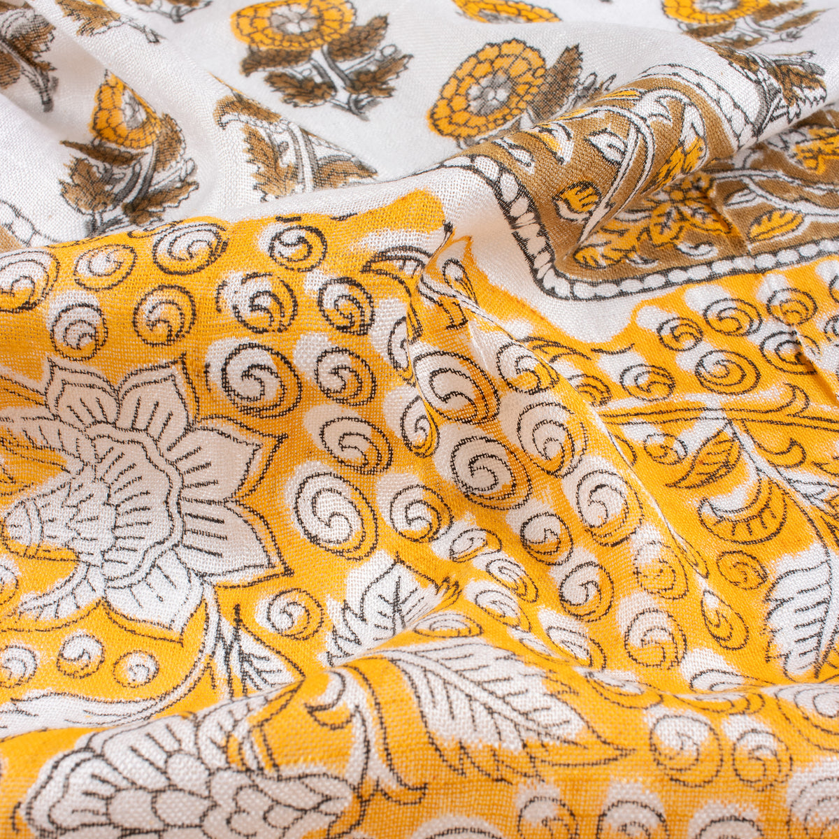 Yellow Floral Hand Block Printed Travel Linen Stole For Women