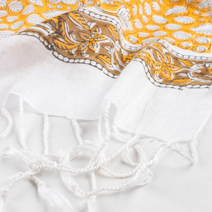 Yellow Floral Hand Block Printed Travel Linen Stole For Women