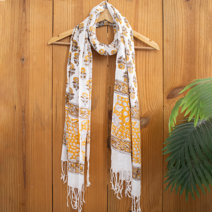 Yellow Floral Hand Block Printed Travel Linen Stole For Women
