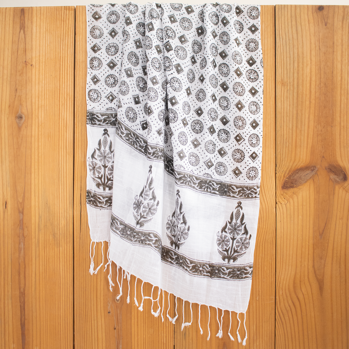 Ethnic Floral Printed Linen Stole with Fringed Edges