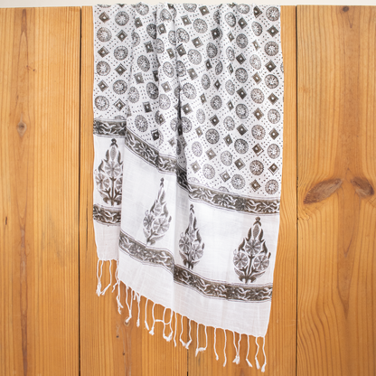 Ethnic Floral Printed Linen Stole with Fringed Edges