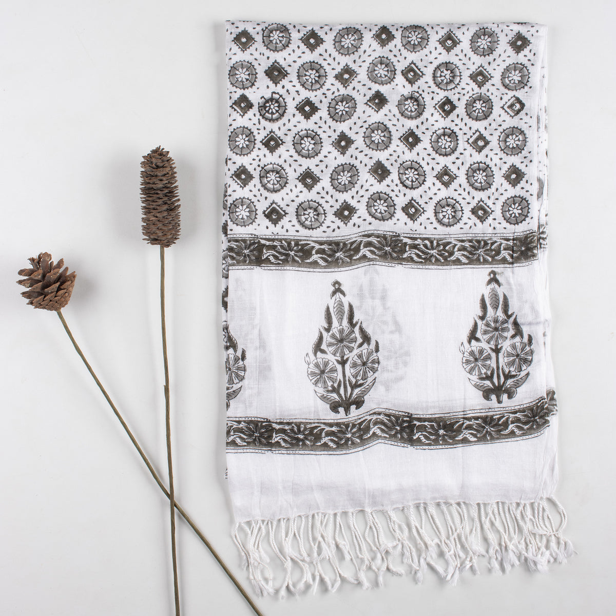 Ethnic Floral Printed Linen Stole with Fringed Edges